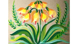 Декоративное рисование желтых цветов гуашью на крафтовой бумаге.