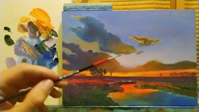 Простой пейзаж с закатом для начинающих|Как рисовать закат простая техника  #art #урокирисования