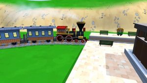 Паровозик с пассажирскими вагонами летит вперёд / Футаж детский