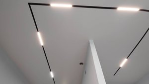 Встроенные трек-системы и отверстие под вентиляцию в натяжном потолке