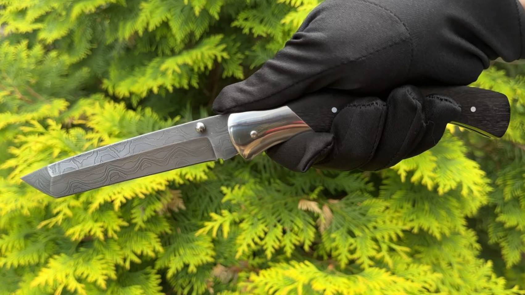 Складной нож "Самурай": сталь торцевой дамаск - рукоять черный граб смотреть онлайн