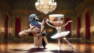 Шпиониро Голубиро и Балерина Капучино танцуют вальс на балу.