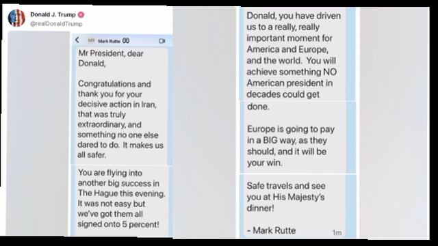 🤭Трамп опубликовал личное сообщение, которое в преддверии саммита в Гааге ему направил генсек НАТО