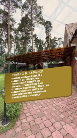 Односкатный навес с кровлей из поликарбоната стоящий на своих опорах с примыканием к гаражу