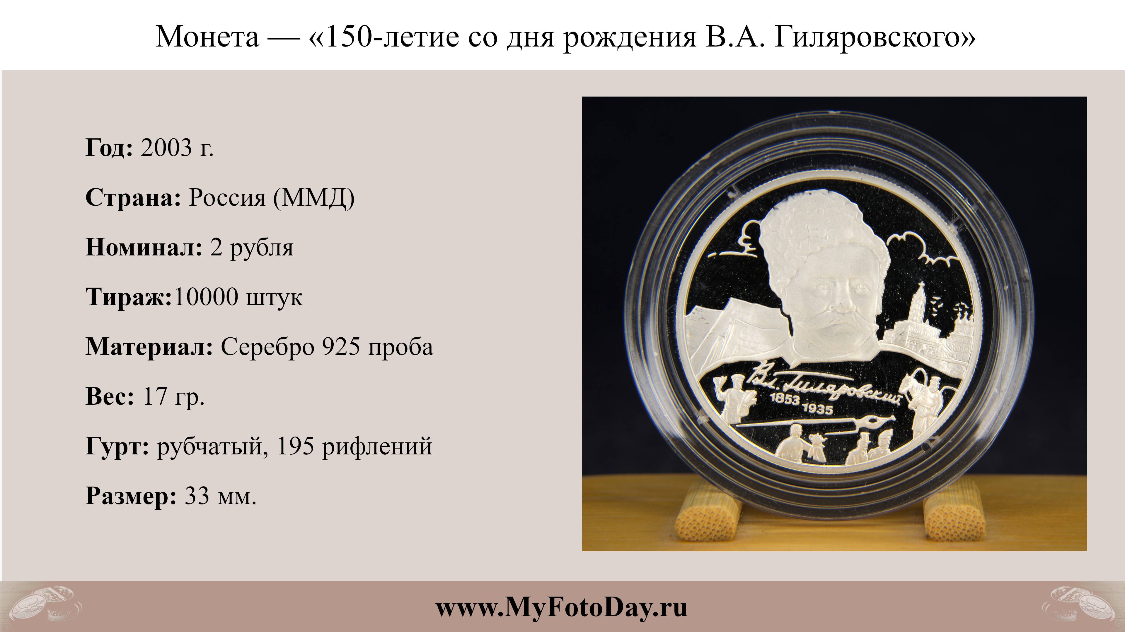 Монета — «150-летие со дня рождения В.А. Гиляровского», 2 рубля, 2003