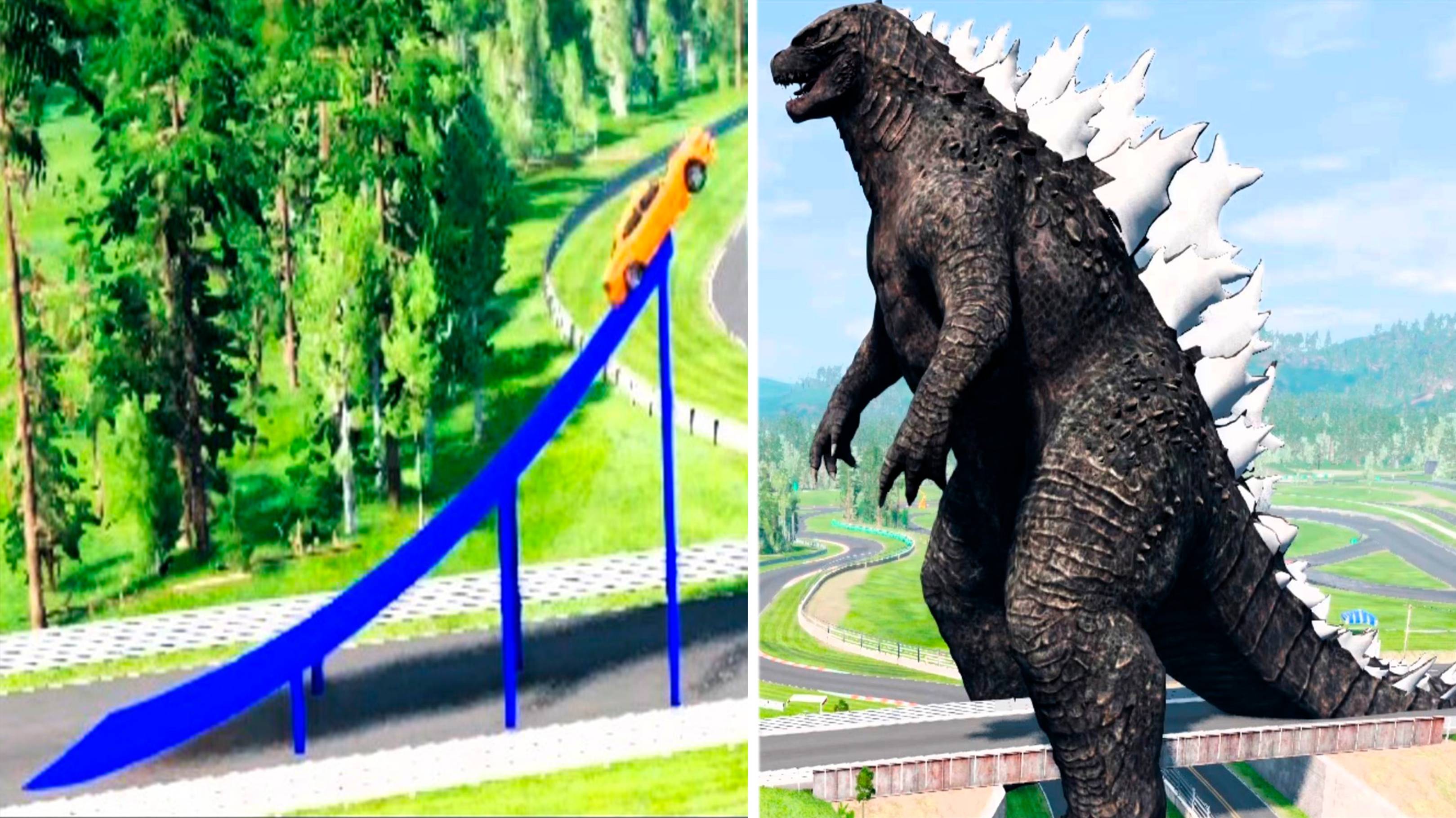 Машинка врезается в гигантскую Годзиллу в игре BeamNG.drive