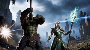 Битва в стиле RPG, орк и эльф говорят "В атаку!", вокруг взрывы магии, фэнтези-мир. Нейросеть Veo 3