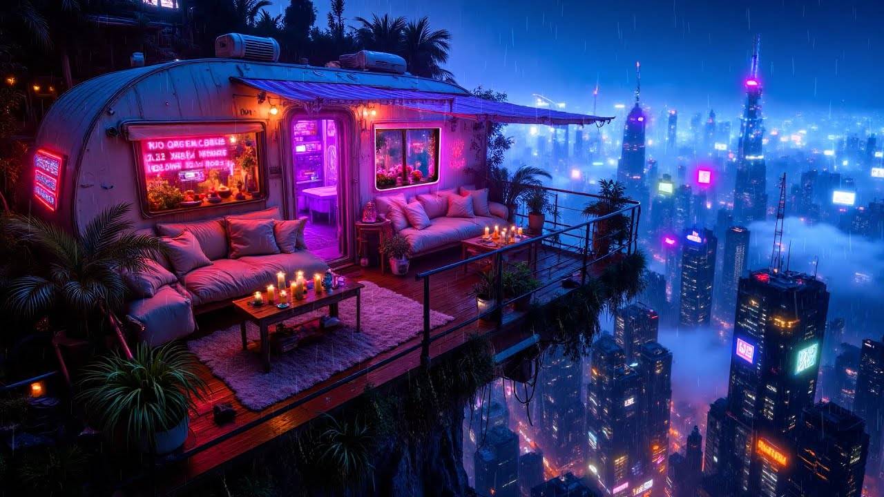 Lofi Hip Hop Rain Mix 🌃 Chill & Focus in a Neon Rooftop Cabin Over Cyberpunk City Lofi Rain Playlis смотреть онлайн