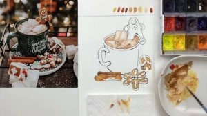 Рисование акварель. Какао с печеньками