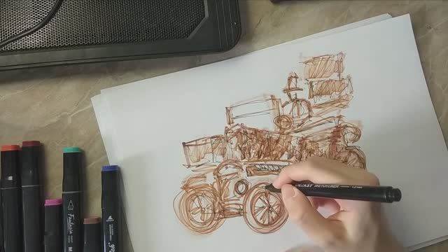 быстрый скетч маркером старинной машины ежедневное рисование