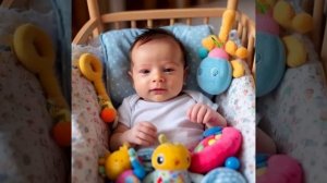 малыш с игрушками в кроватке