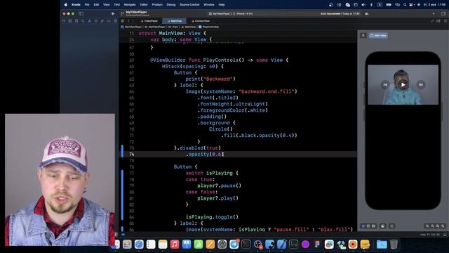 Видеоплеер на SwiftUI - Урок 2. Обработка нажатия кнопки Play/Pause, исчезновение кнопок контроля