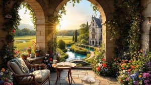 Библиотека на крыльце башни в цветущем саду. Звуки природы для чтения.