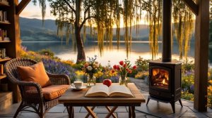 Вечерняя библиотека на веранде. Уютная атмосфера для чтения под пение птиц и потрескивание камина.