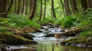 Спокойная атмосфера с текущей водой и пением птиц