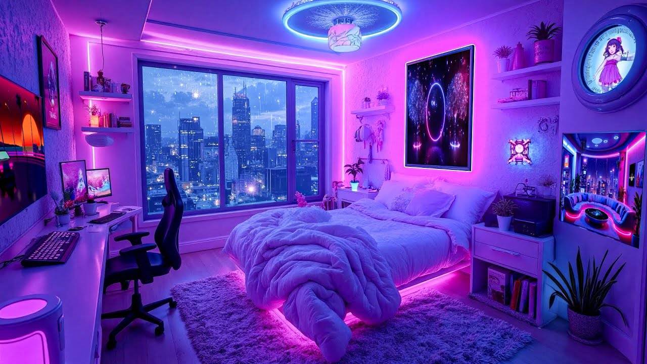 Neon Dreams 💜 Lofi Rain & Chill Beats in a Futuristic Gamer Room for Study & Sleep 🌧️ смотреть онлайн