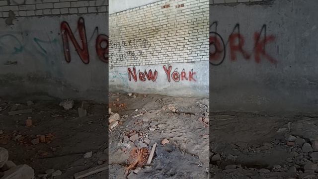 Забрались на бетонную заброшку в лесу с высокими потолками, внутри много битого красного керпича