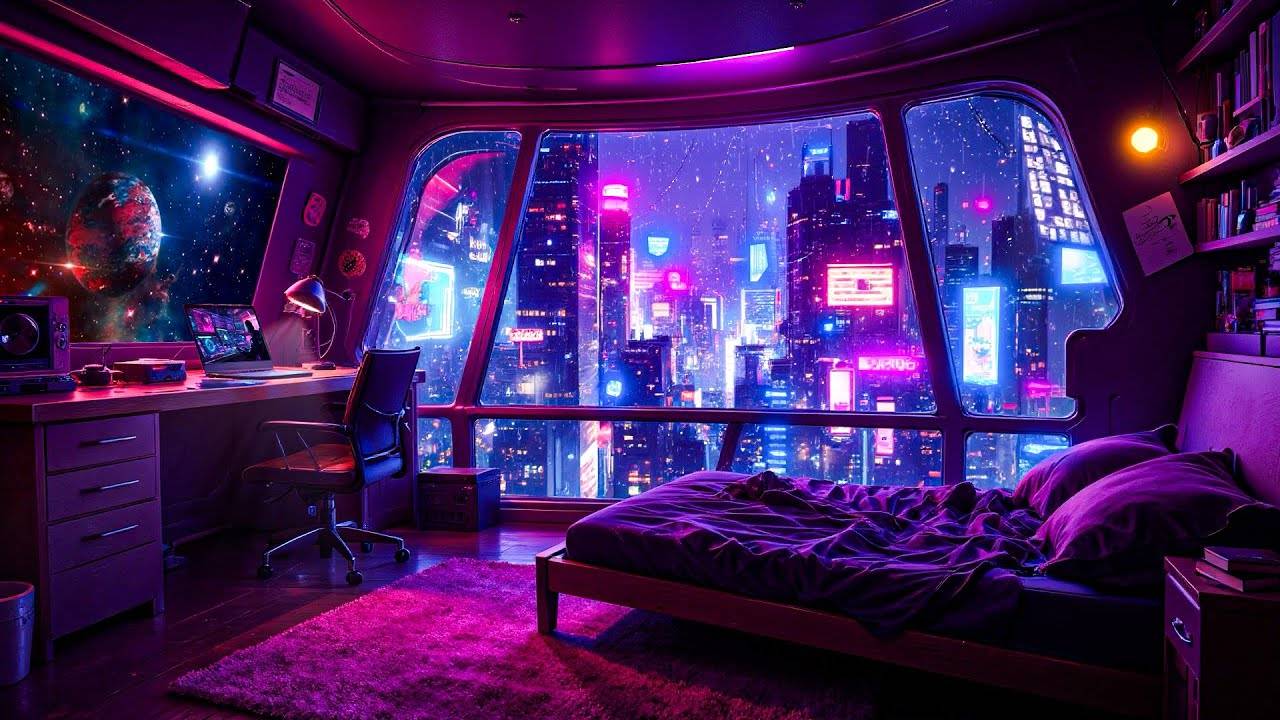 Cosmic Lofi Hip Hop Room 🚀 Chill Beats & Rainy Neon City for Study & Sleep 🌧️ Lofi Rain Playlist смотреть онлайн