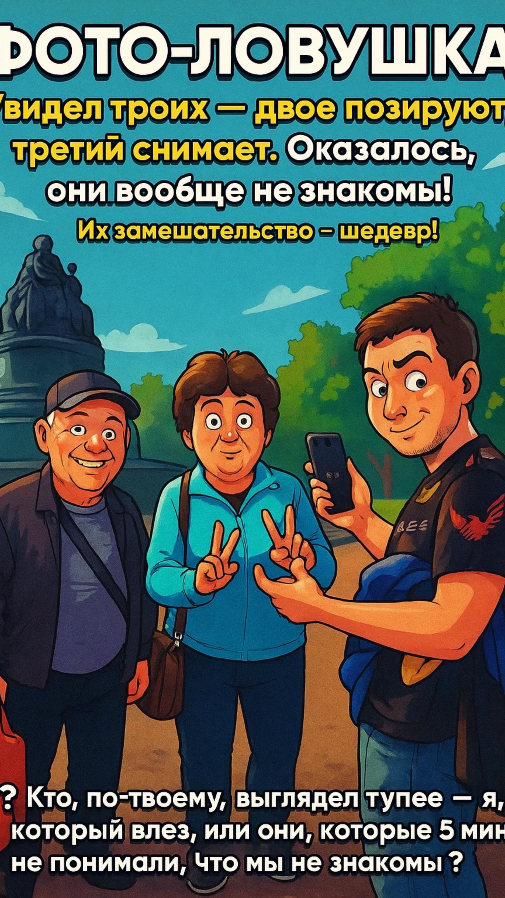Фото-ловушка! Увидел троих — двое позируют, третий снимает. Оказалось, они вообще не знакомы!