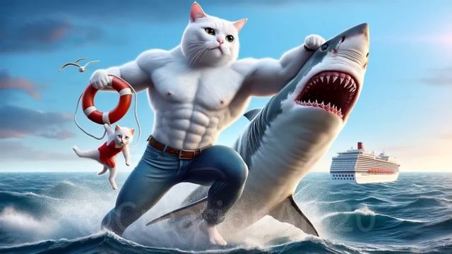 Папа кот дерётся с акулой чтобы спасти котёнка 🐈👊🦈 смотреть онлайн