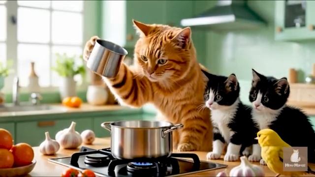 Мама-кошка едет на велосипеде с котенком к реке, ловит рыбу, направляется домой, чтобы приготовить