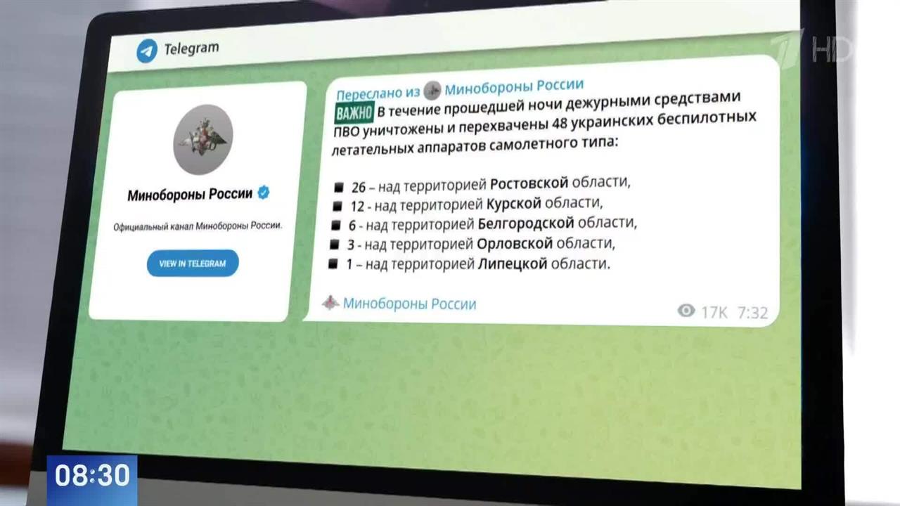 Силы ПВО за ночь сбили 48 украинских беспилотников над регионами России