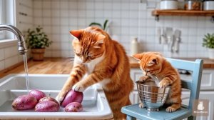 Мама-Кошка и Котенок Собирают Свежую Клубнику, чтобы Приготовить Праздничный Торт Дома🐾🧶🥚