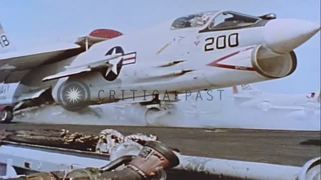 Launch of US Navy jet fighters using aircraft catapults from deck of USS Franklin...HD Stock Footage