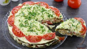 Украшение стола. ЗАКУСОЧНЫЙ ТОРТ ИЗ БАКЛАЖАНОВ, ПОМИДОРОВ И СЫРА