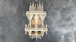 Угловая ажурная полка для икон бежевый + золото