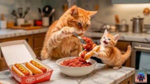 Мама-кошка готовит хот-доги, чтобы заработать денег на новую игрушку для котенка Мама-кошка готовит