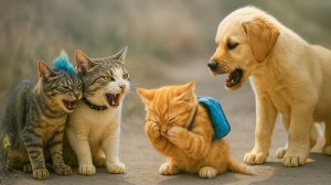 Бедный рыжий котёнок шёл в школу, его обижали злые коты — щенок спас его