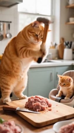 Кошка мама готовит еду