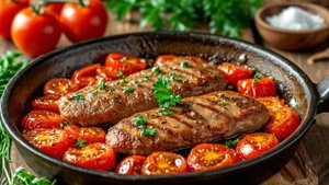 Эскалоп ☆ жареный с помидорами. Вкусный ужин за 15 минут