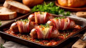 Вкусный завтрак за 15 МИНУТ! Сосиски с сыром и беконом в духовке [Семейные рецепты]
