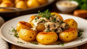 Молодой картофель, запеченный в духовке + сливочно-грибной соус [Семейные рецепты]