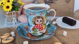 Чайная пара в цвете "Любимые мультфильмы: Домовёнок Кузя", гжельский тонкостенный фарфор