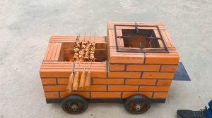 Дворовая мобильная дровяная печь на колёсах 2 в 1 Варочная + Мангал с красного кирпича Самоделка дл