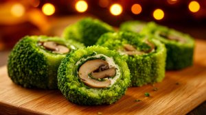Рулет из брокколи с грибной начинкой. Закуски на новый год [Семейные рецепты]