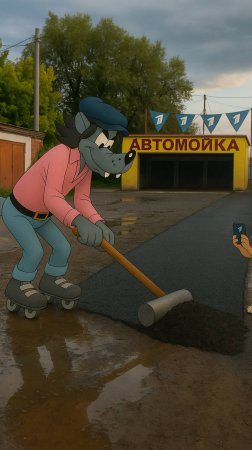 Волк на асфальтоукладчике.