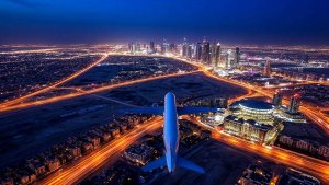 Взлёт самолёта из Аэропорта Дубай. FlyDubai. Вид с высоты