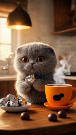Кот утром пьёт кофе