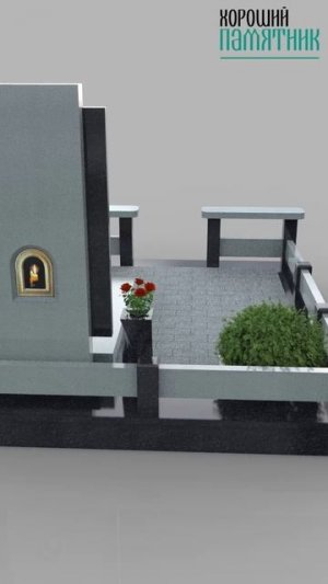 Женский комбинированный памятник на могилу из серой и черной стелы со скамейками и оградой из камня