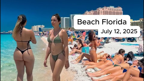 Пляж Майами-Бич. Пляжная мода. Девушки в мини-бикини. Флорида. 4K HDR