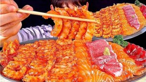 АСМР острые креветки с рисом. Лосось и тунец