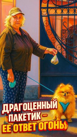 Выпрашиваю у женщины пакет с собачьим «сокровищем».