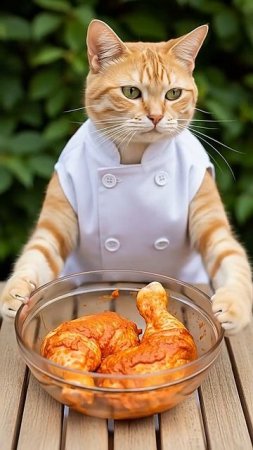 Кот готовит курицу