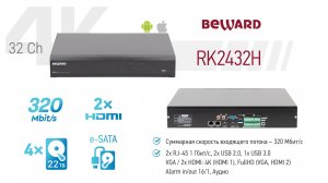 Новый 32-канальный IP-видеорегистратор BEWARD RK2432H: камеры до 12 Мп, до 320 Мбит/с, ONVIF, P2P