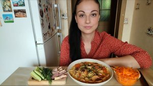 Мукбанг🍜Острая лапша с сардельками и помидорами, морковь по корейски , копчёная утиная грудка 🥗🍗