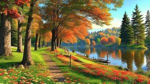 Красивая осень. Поэтический Осенний день. Прогулка у речки среди окрашенных деревьев.